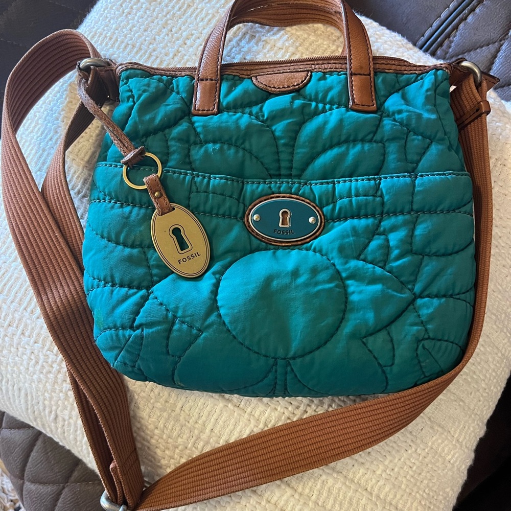 Vintage Fossil Teal Quilted Crossbody Bag with Brown Accents